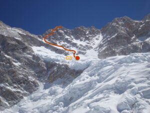 A red line shows the route on Kangchenjunga, from Camp 3 to the summit
