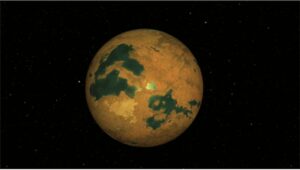 a yellow planet with green bodies of liquid