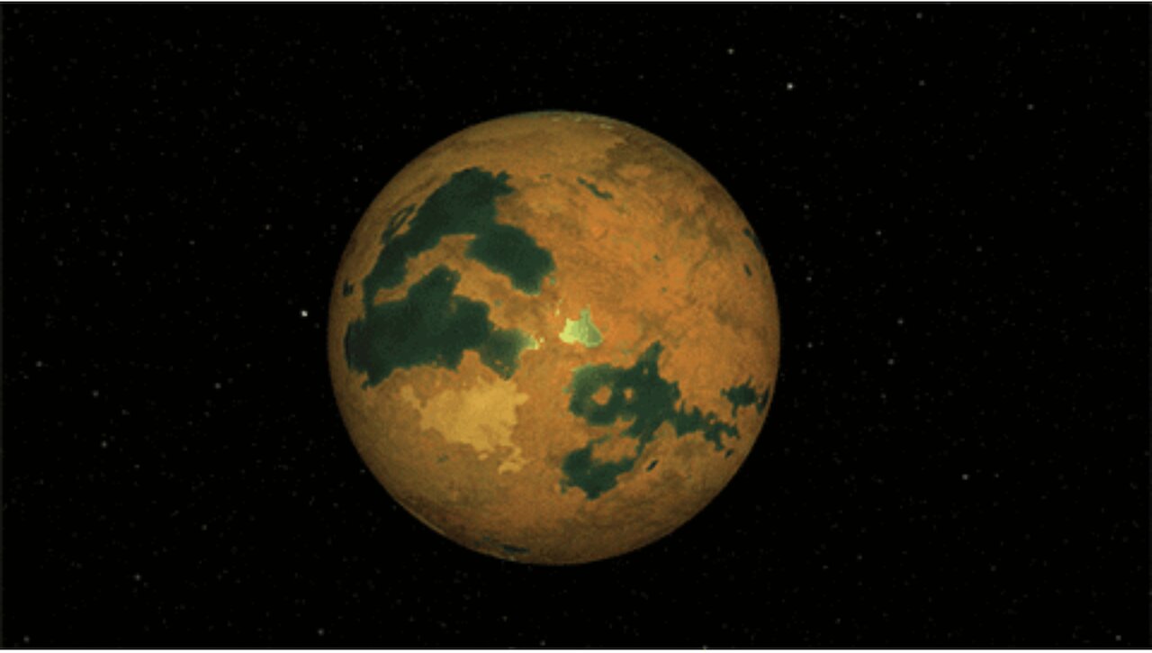 a yellow planet with green bodies of liquid
