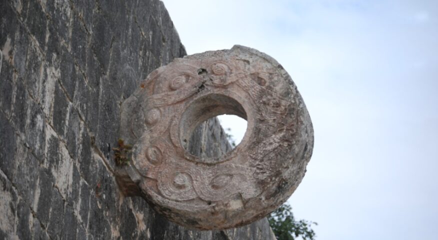 A decorative carved ring on the wall of a ballcourt in the ancient Maya city of Chichen Itza