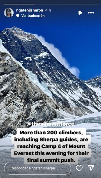 Story with a picture of Everest as seen from camp 2 and text announcing 200 summits the following day