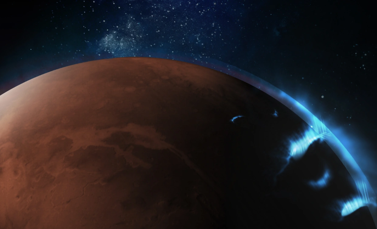 rendering of mars with electric blue light halo