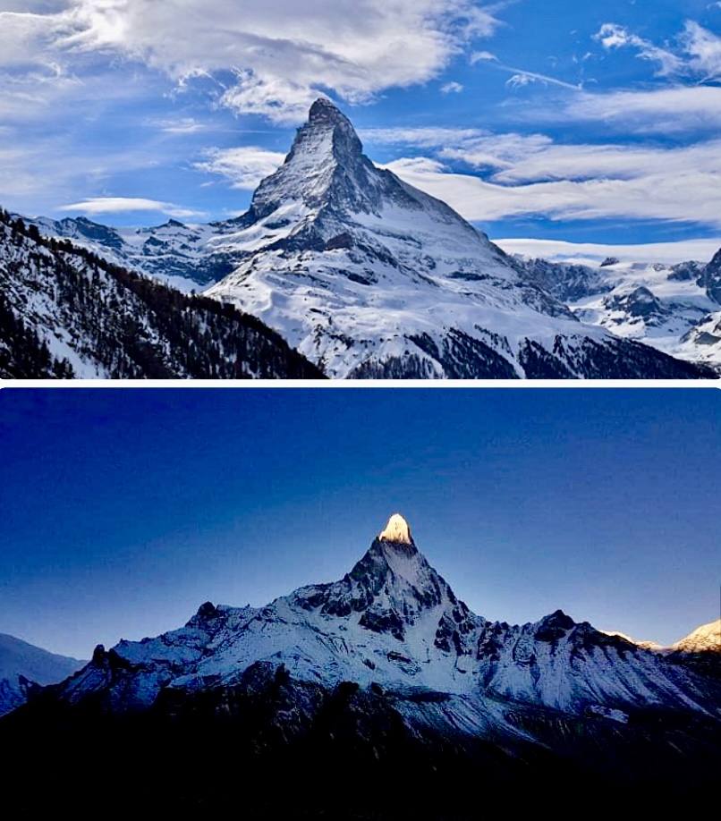 Photos comparing the Matterhorn and Shivling.