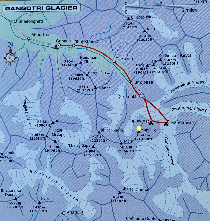 A map showing the Gangotri Glacier.