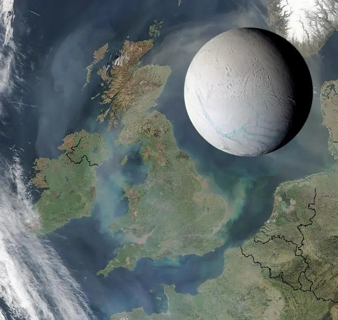 small gray planet superimposed on view of uk from space