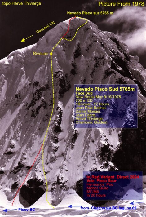 Herve Thivierge's version of the pitches, in red, that the 2024 team climbed versus his route, in yellow.