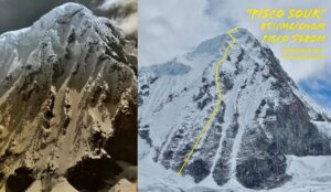 two photos of the south face of Pisco with climbing lines marked