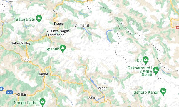 Map with location of Spantik, K2, Gasherrum I and Nanga Parbat