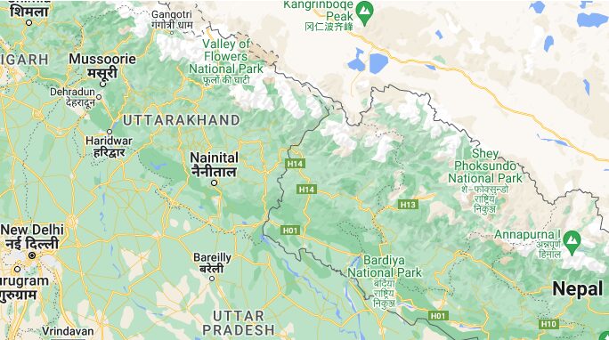 Google maps whowing Northern India, and the borters with Tibet and Nepal 