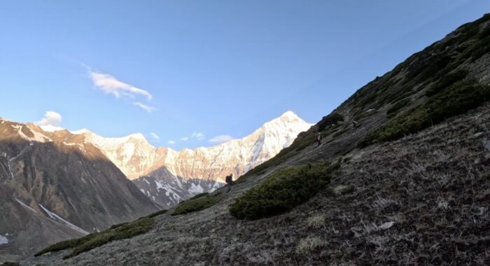 Nanda Devi gets the morning light at the end of a valley still in the shade