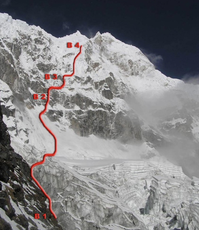 white mountain face with red route line