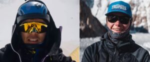 close shots of Nima Rinji and Alasdair McKenzie with mountain clothes and sunglasses.