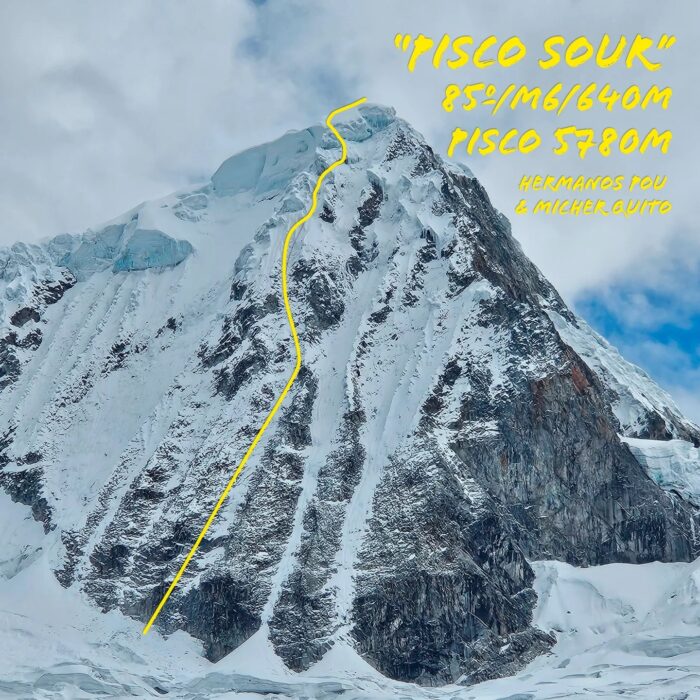 Route marked in yellow on a photo of Pisco peak. 
