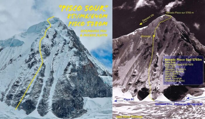 Two topos of similar routes on two photographs of the south face of Pisco.