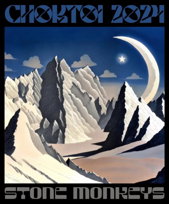 Expedition poster showing a painting of the mountain in white and blue