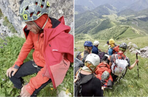 side byside photos showed injured climber and evacuation by litter