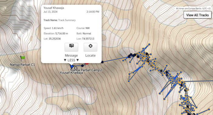 Climber's location shown on a map of Nanga Parbat. 