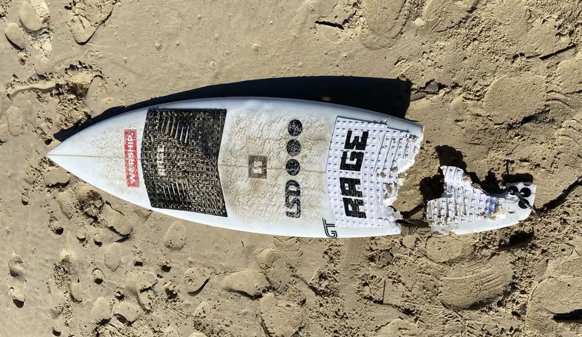 a broken surfboard, chomped in two by a shark