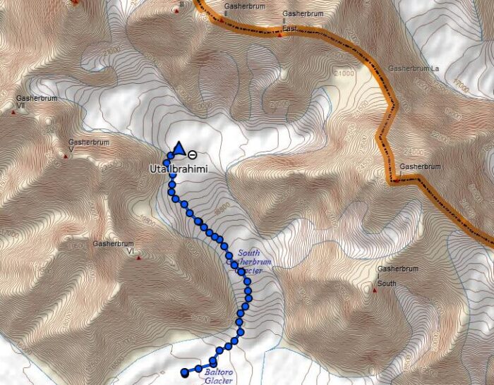 a tracker with the climber's movement today on a Map of the Gasherbrums