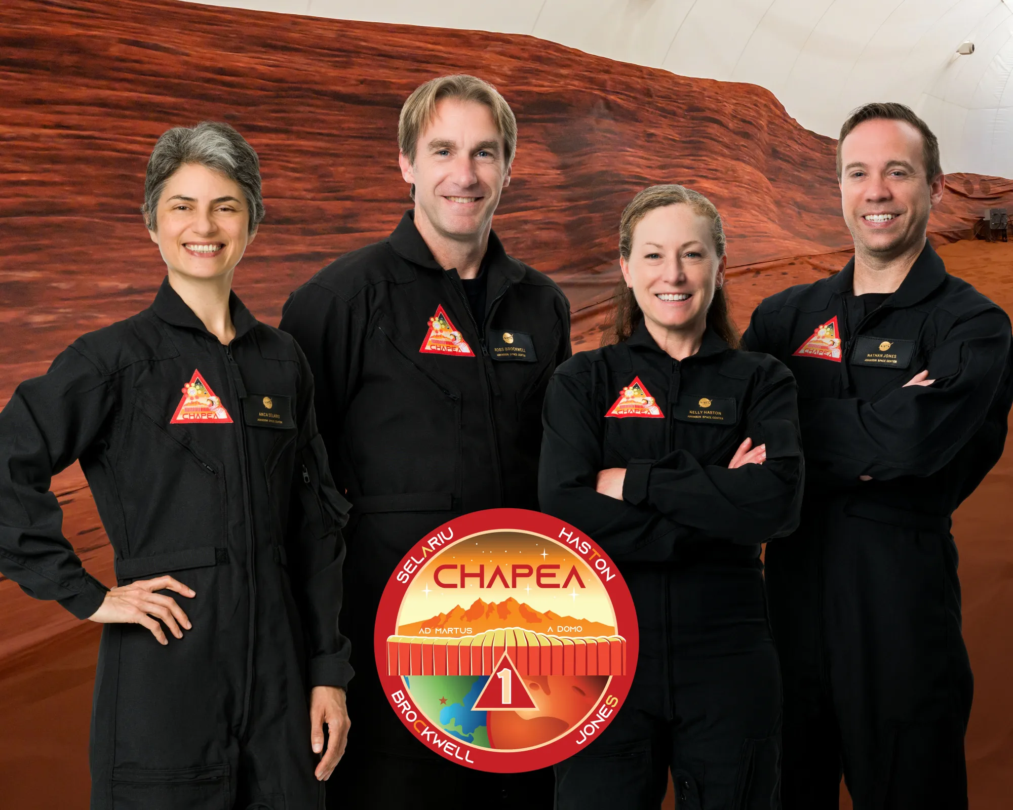 Four people in NASA jumpsuits standing on a photo-shopped Mars background, with a circular orange CHAPEA logo at the center.