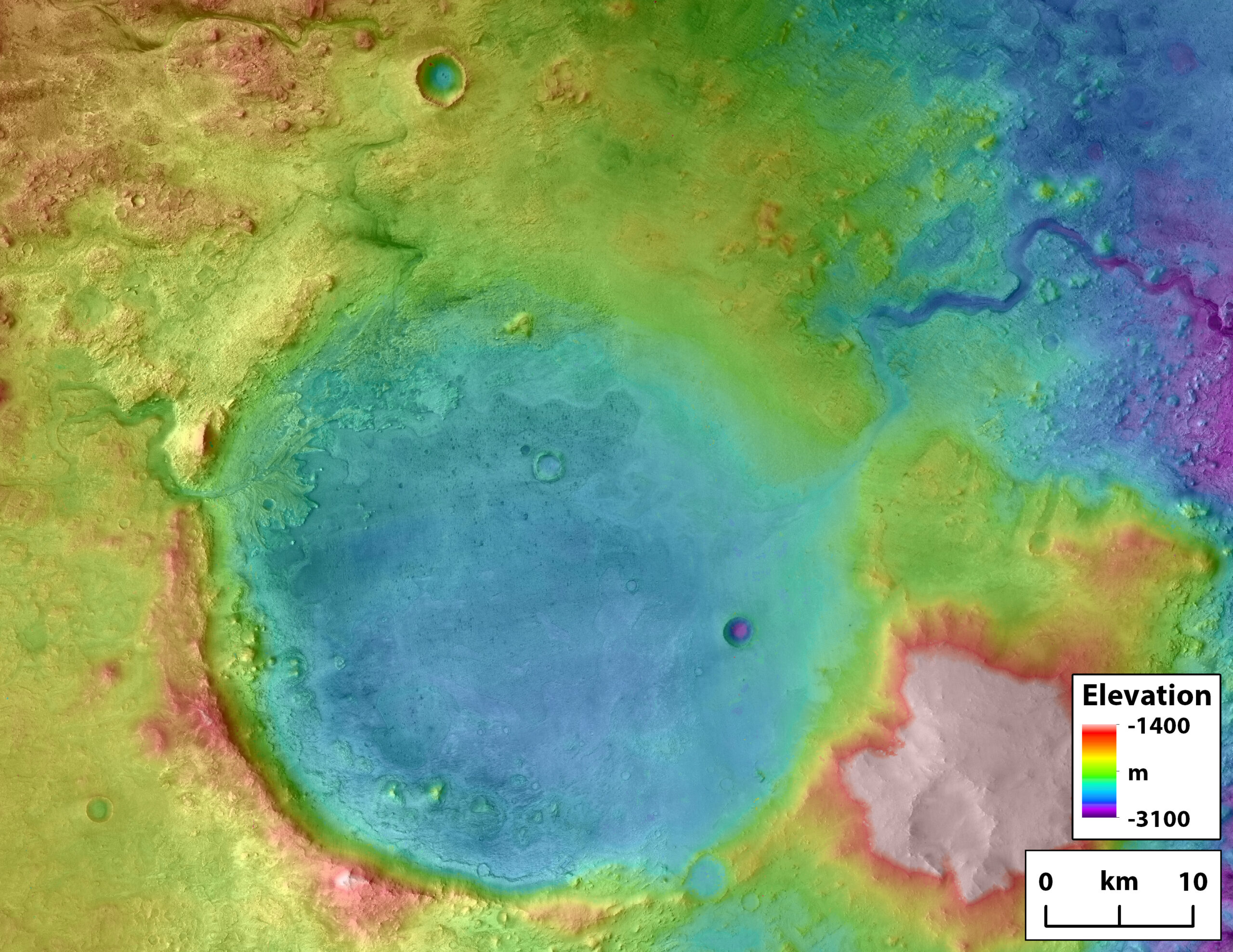 An elevation map showing a large crater and river beds running into it on the left and the right.