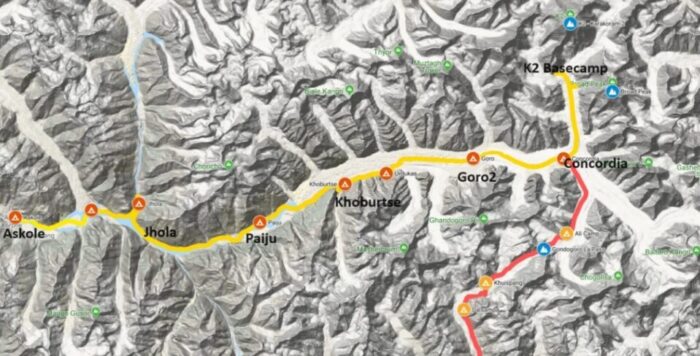 route and camps of the Baltoroo trek to K2 BC marked on a satelite map