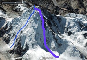 Google Earth image of Karun Koh with 2 possible routes marked in purple up the south and the west faces