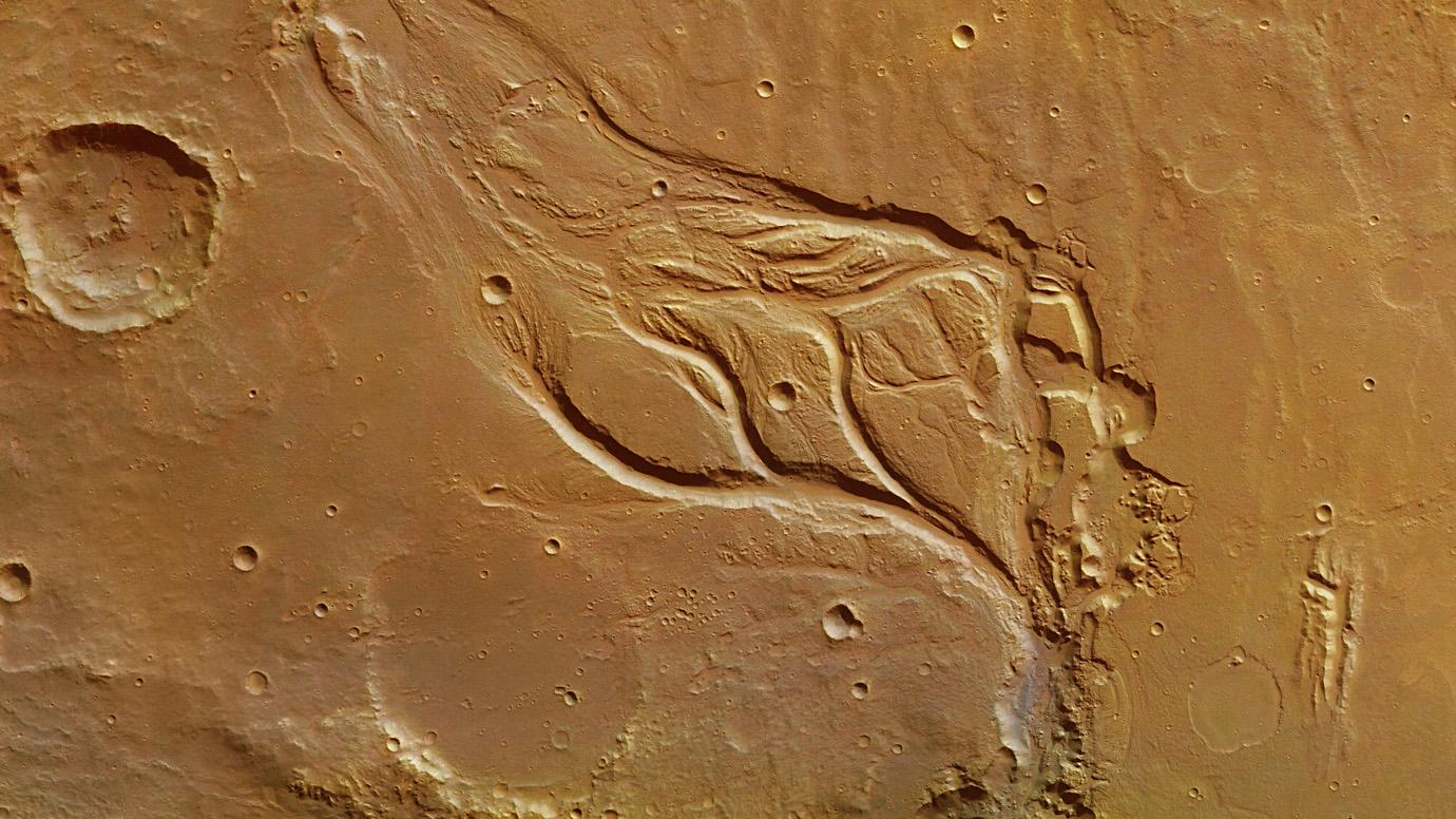 An image of the surface of Mars taken from above, zoomed in on a series of gullies.