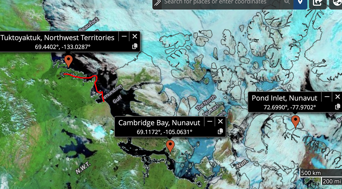 map of Northwest Passage, showing current ice conditions