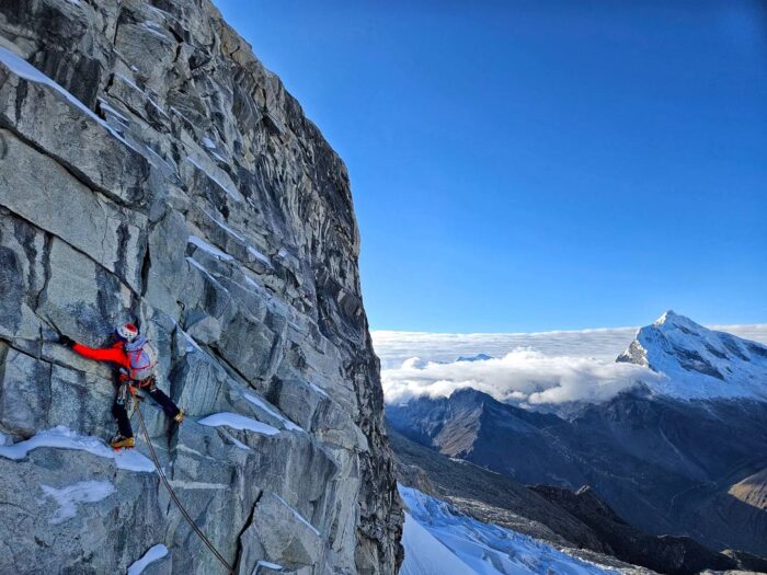 The first pitch of the climb by the Pou brothers and Micher Quito. 