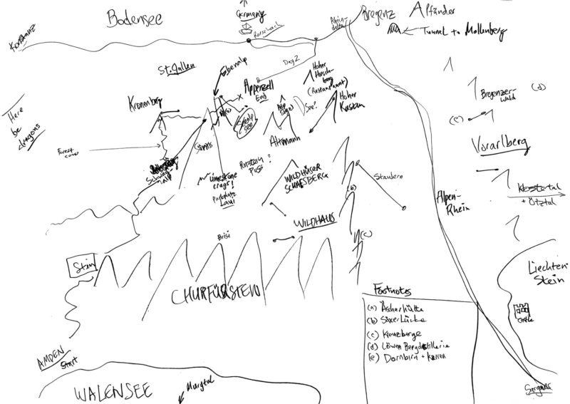 The hand-drawn map for days 11 and 12 of Buckland's trip.