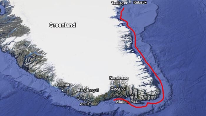 A map of southern Greenland, with the red line indicating the rough route of Gino Watkins' four-man, 1,000km open-boat journey