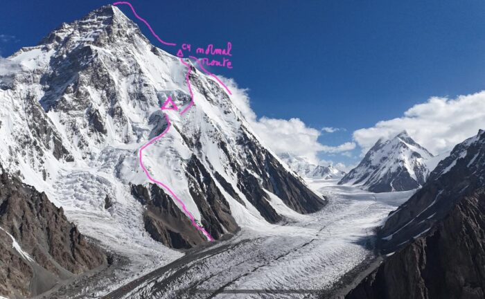 Topo of the route and notes on a photo of K2's south side