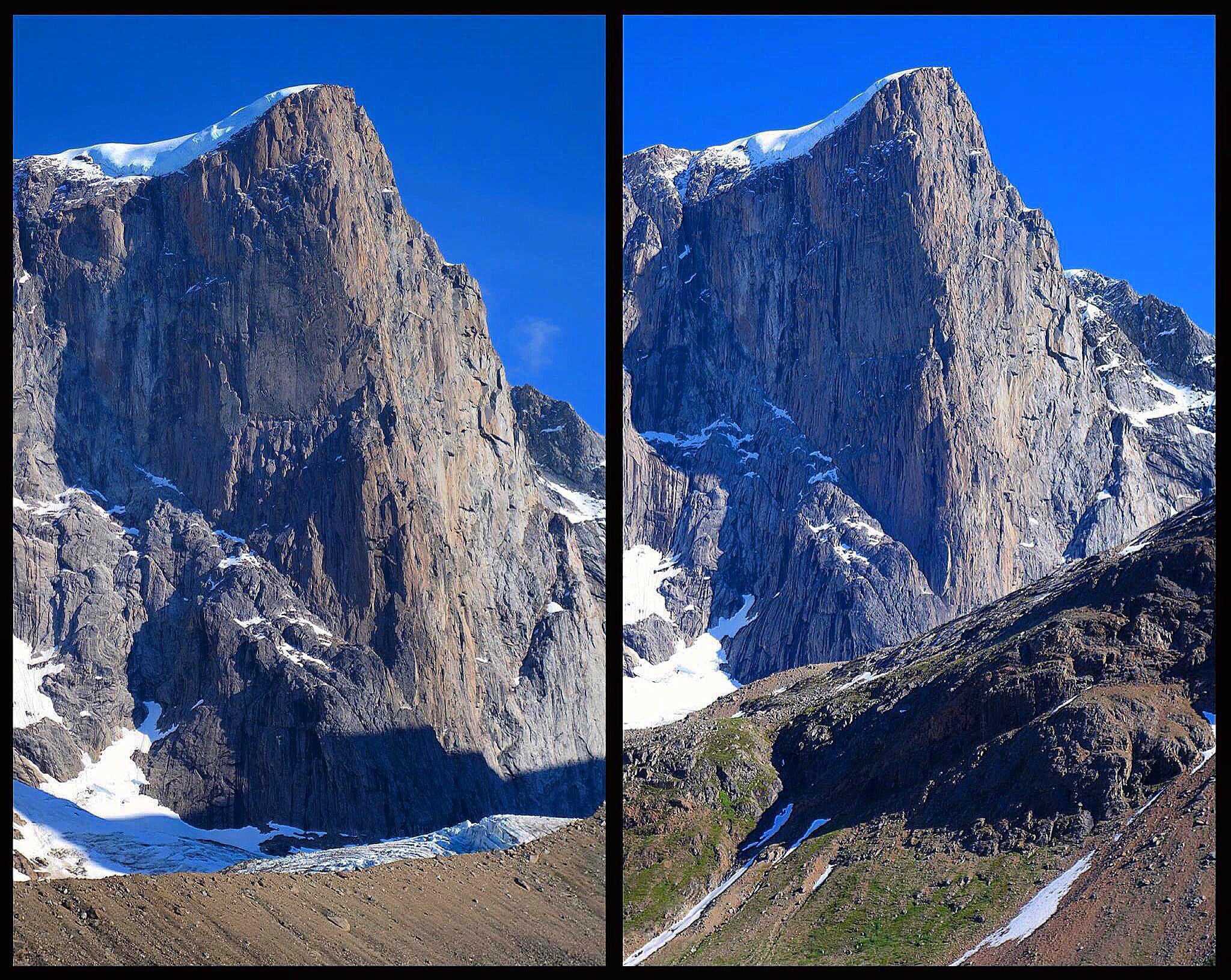 Two pictures of a granite big wall rising over grassy plains and capped with snow.