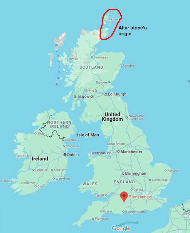 map showing Stonehenge and origin of altar stone