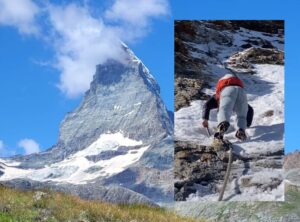 A combination of two photographs, one of Matterhorn and a smaller one of a climber with poor equipment