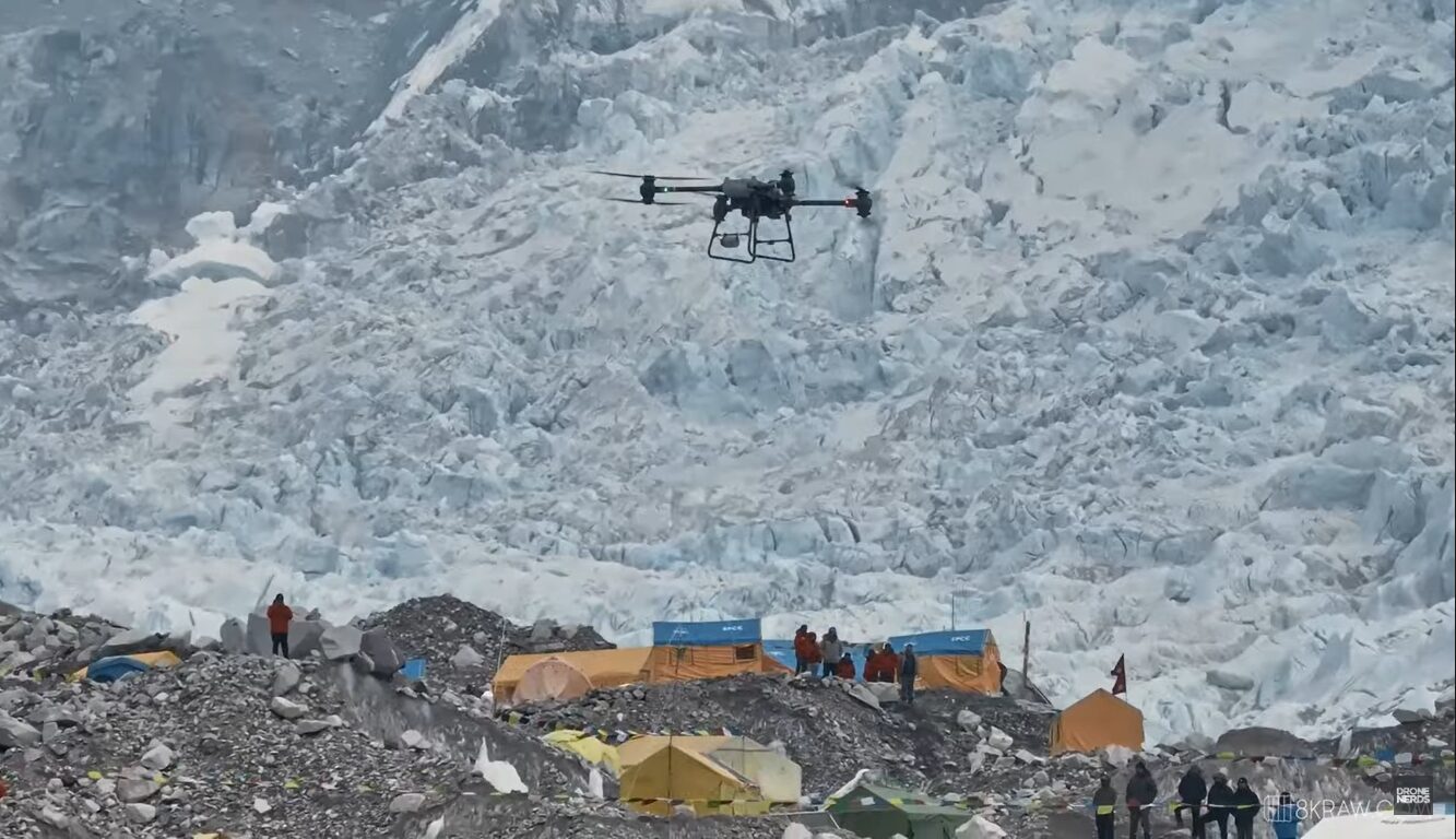 A large drone soard from Everest Base Camp