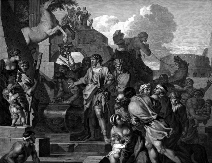 An engraving by Sébastien Bourdon dated to 1643, showing the artist's imagining of Roman Emperor Augustus visiting the tomb of Alexander the Great in Alexandria