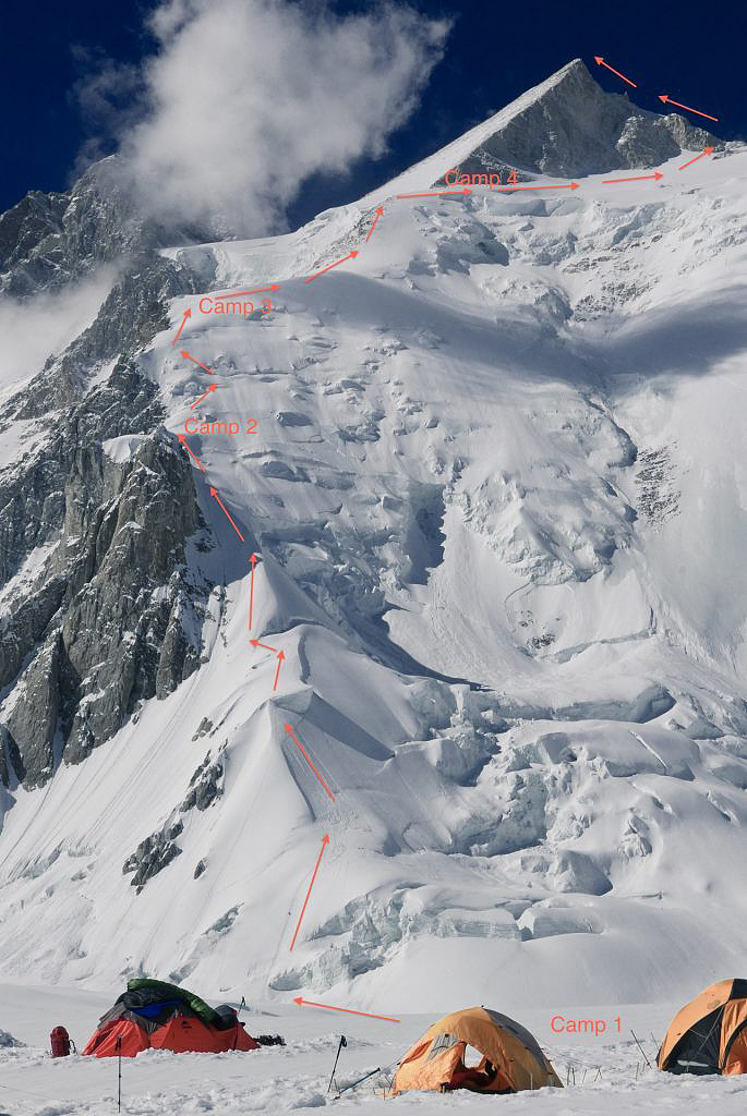 Topo of Gasherbrum II normal route on a photo of the mountain