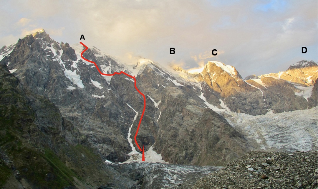 The Kartvelishvili Route with the 2015 Georgian variation, on the southwest face of Dzhangi-Tau in the Caucasus. 