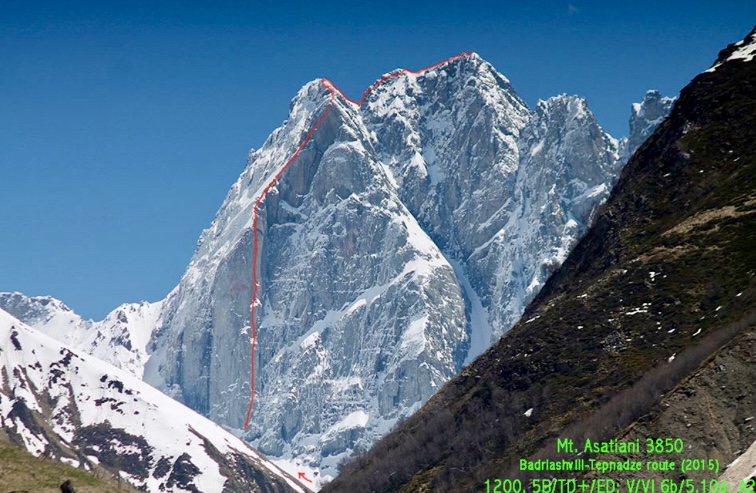 The Badriashvili-Tepnadze route on the west-northwest buttress of Asatiani.