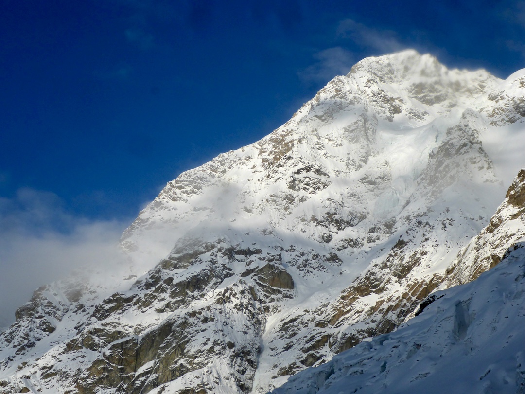 Shkhara South, as seen during the fisrt winter ascent in December, 2015. The route followed the left skyline ridge or the farside flank.