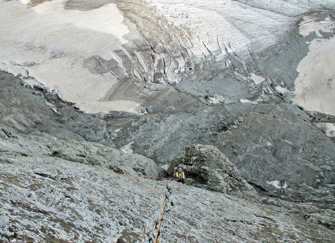 On the first ascent of the Badriashvili-Tepnadze Route, on the north face of Agmashenebeli. 