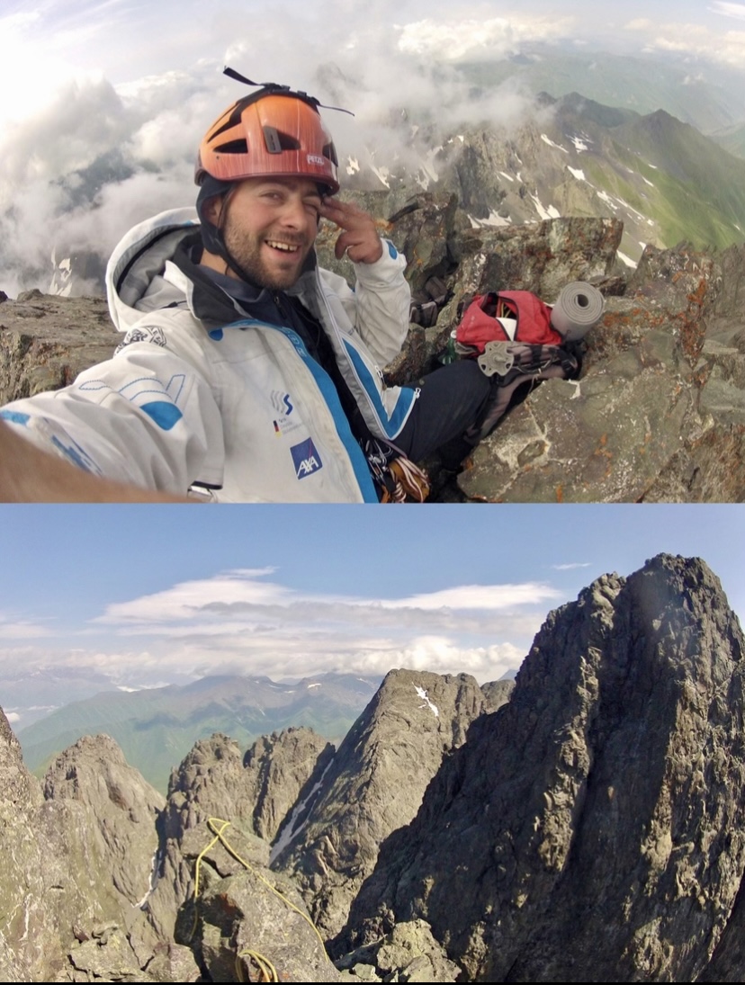 The Chaukhi Range solo traversed by Archil Badriashvili. Top photo: Badriashvili on the last day of the traverse, with bad weather developing. Bottom photo: Partway along the Chaukhi ridge. Peaks in the background were free soloed and had already been crossed by Badriashvili when he took this picture. 