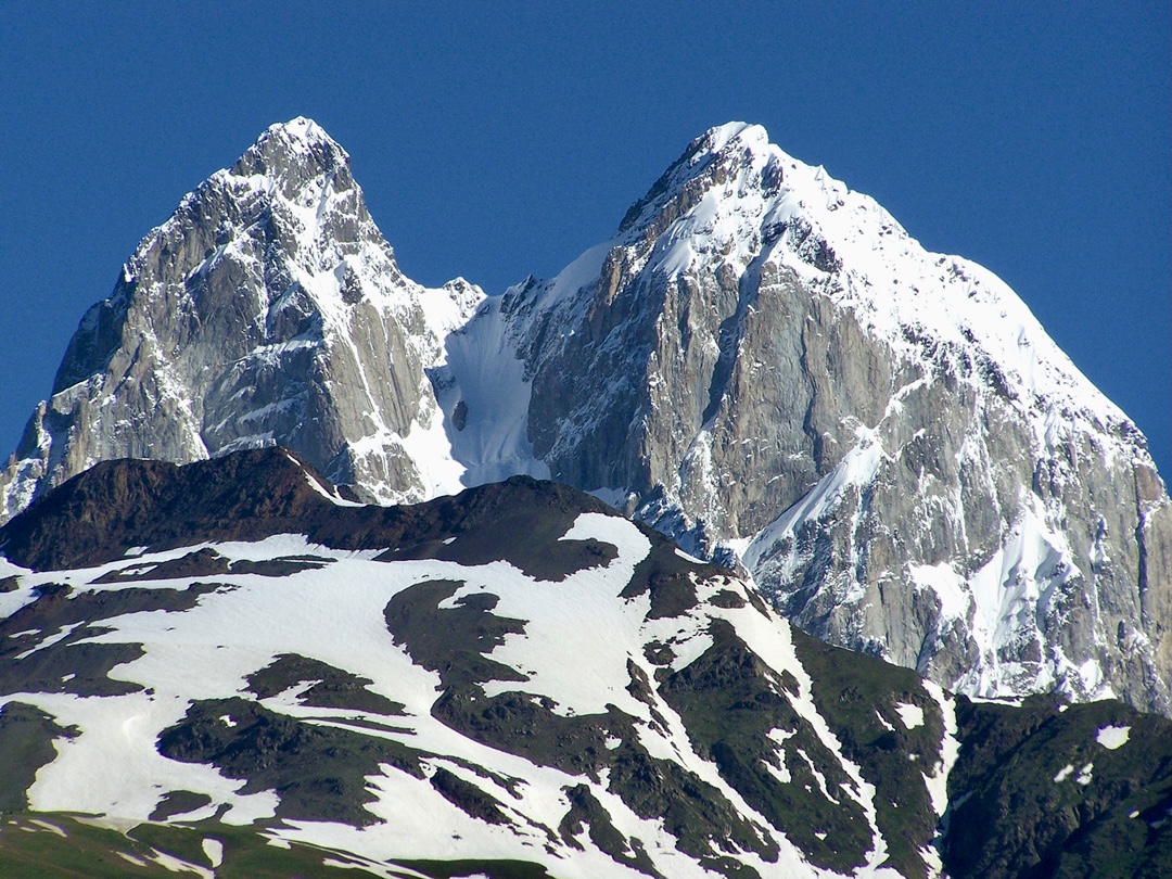 The twin summits of Ushba seen from the southeast. 