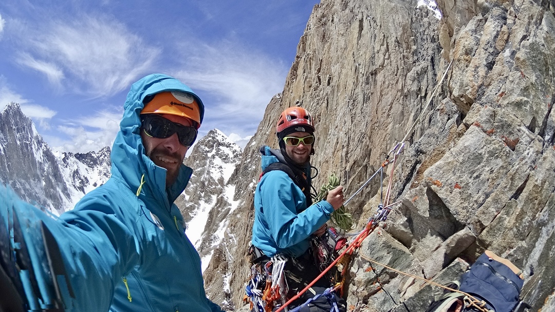 Giorgi Tepnadze (left) and Archil Badriashvili during their ascent of the Georgian Direct on Pik Korona.