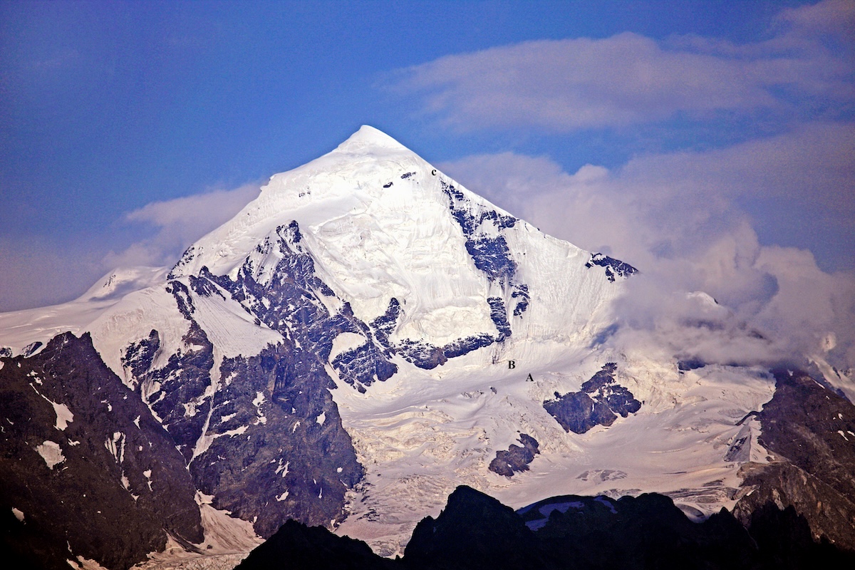 The west face of Tetnuldi. After summiting, they descended the south ridge.