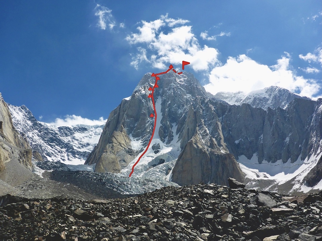 The 2,300m round-trip route of the Georgian climbers on the northwest face of Saraghrar Northwest.