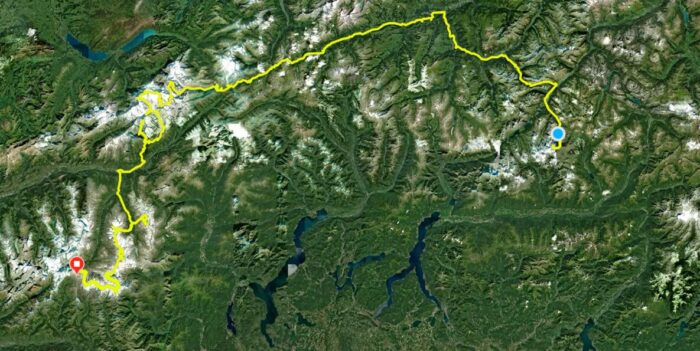 A yellow line shows Kilian Jornet's progress in the Alps on a satellite image