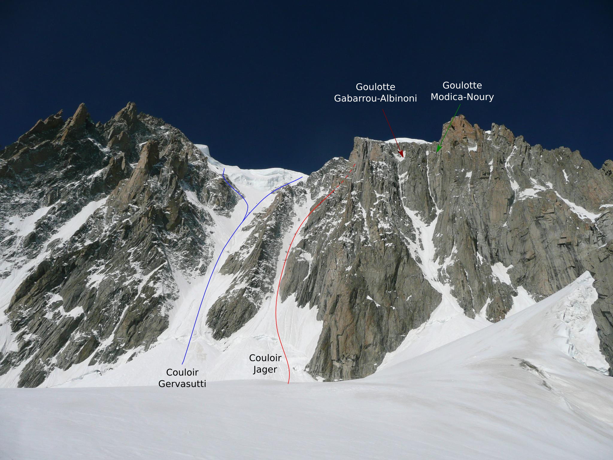 Mont Blanc du tacul as seen from the east, with the couloird signaled